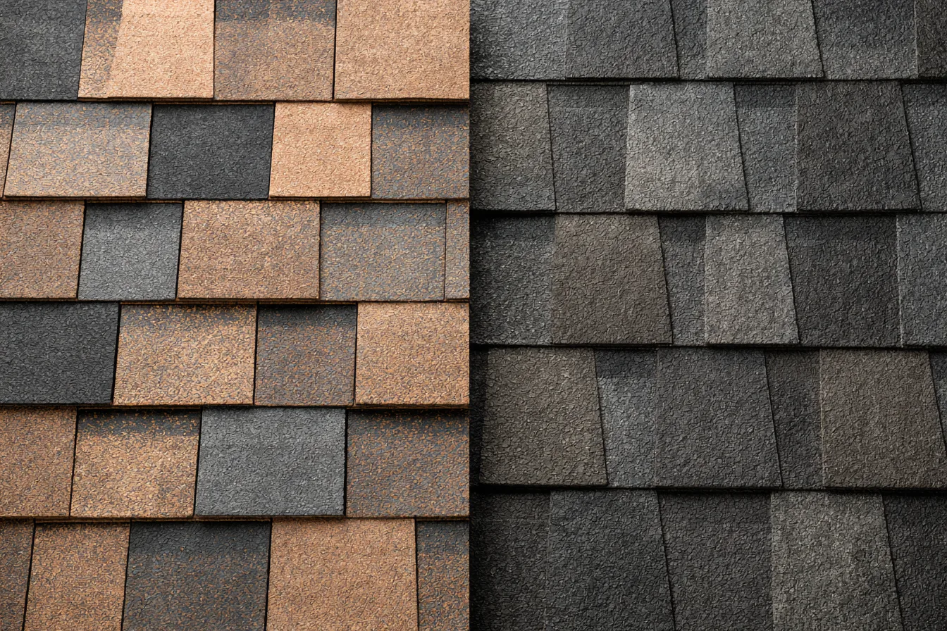 Close-up comparison of two asphalt shingle roof sections in different color tones
