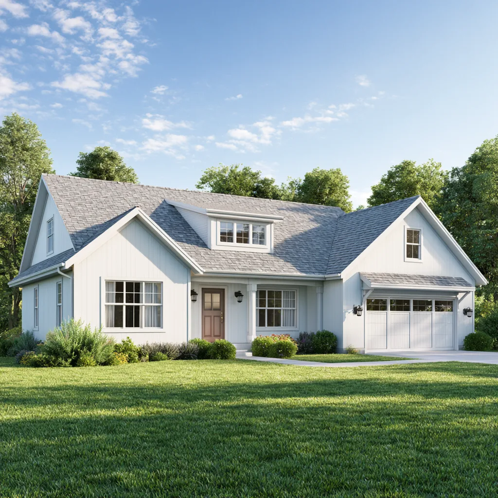 White farmhouse style home with a light gray asphalt shingle roof