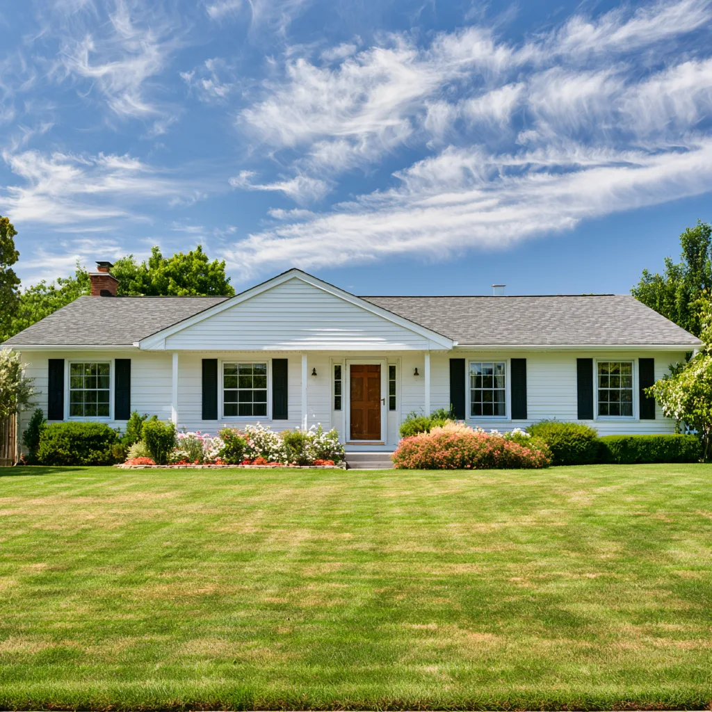 White ranch house with gray asphalt shingle roof and black shutters