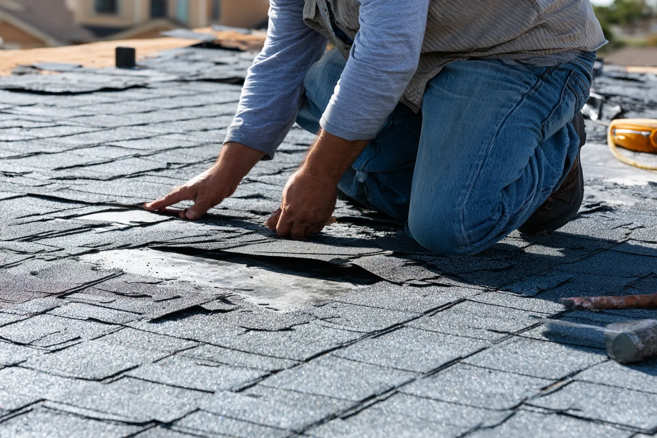 Roofer kneeling to inspect a damaged patch of gray shingles